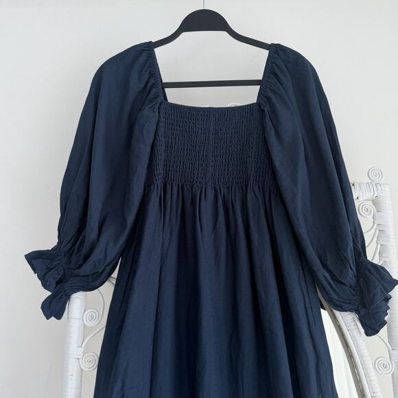 O.P.T. Dress Medium Navy Midi Smocked Puff Balloon Sleeve Cottage Prairie Linen - Picture 4 of 8